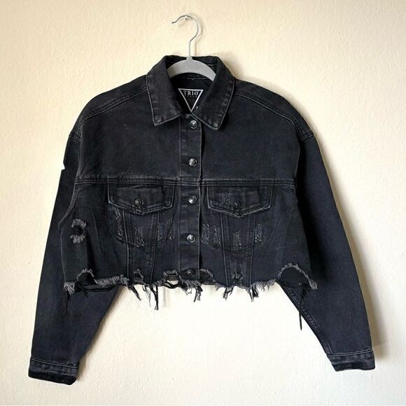 Trio Urban Lost Angeles Jean Black Jacket Cropped Cut Out Size XS - Picture 5 of 8